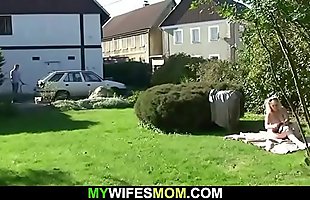 Posted under granny in law, granny and boy outdoor, old mom young girl, two mommy and young boy